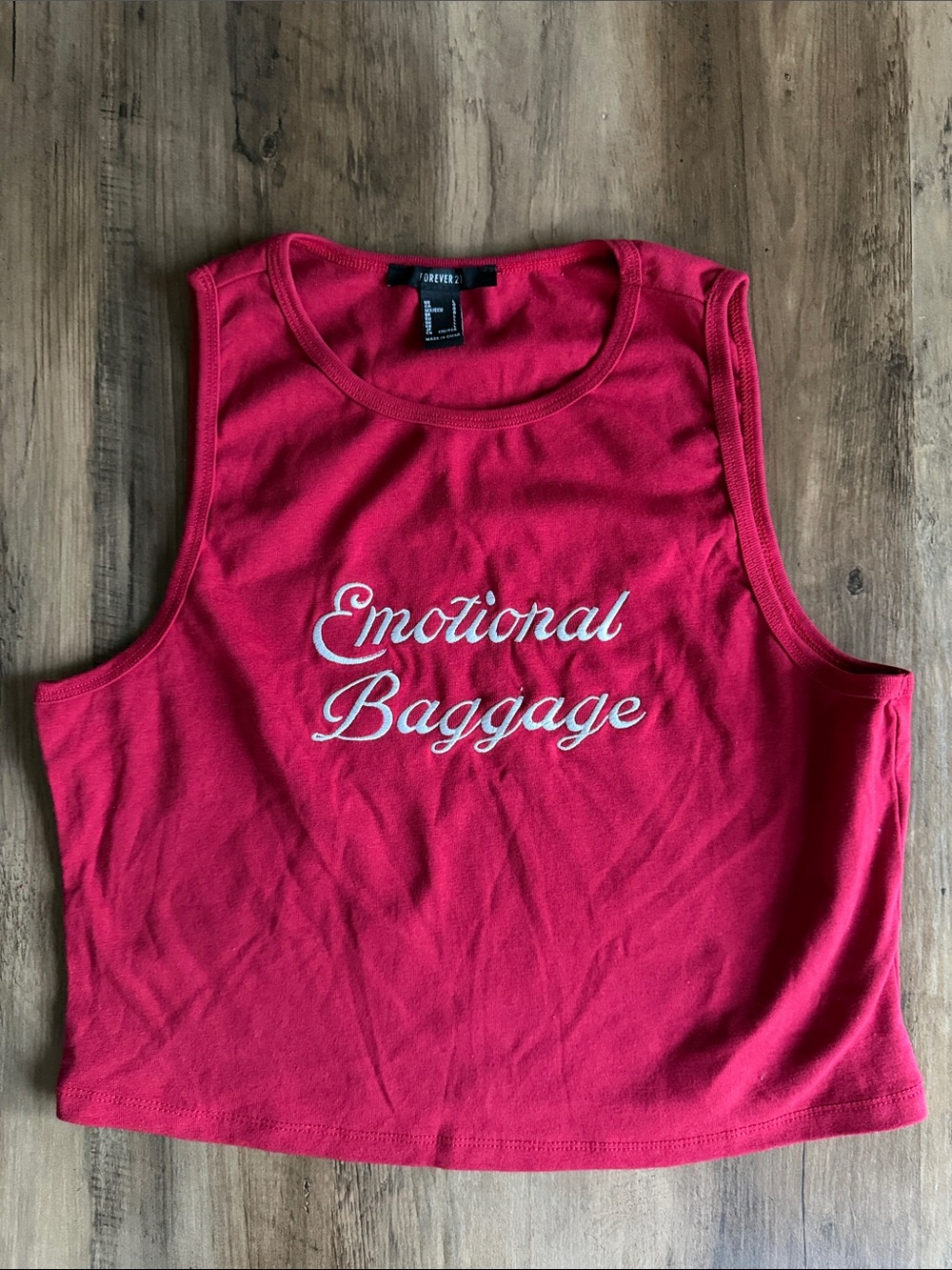 F21 Red Tank Top size Large Embroidered Quote